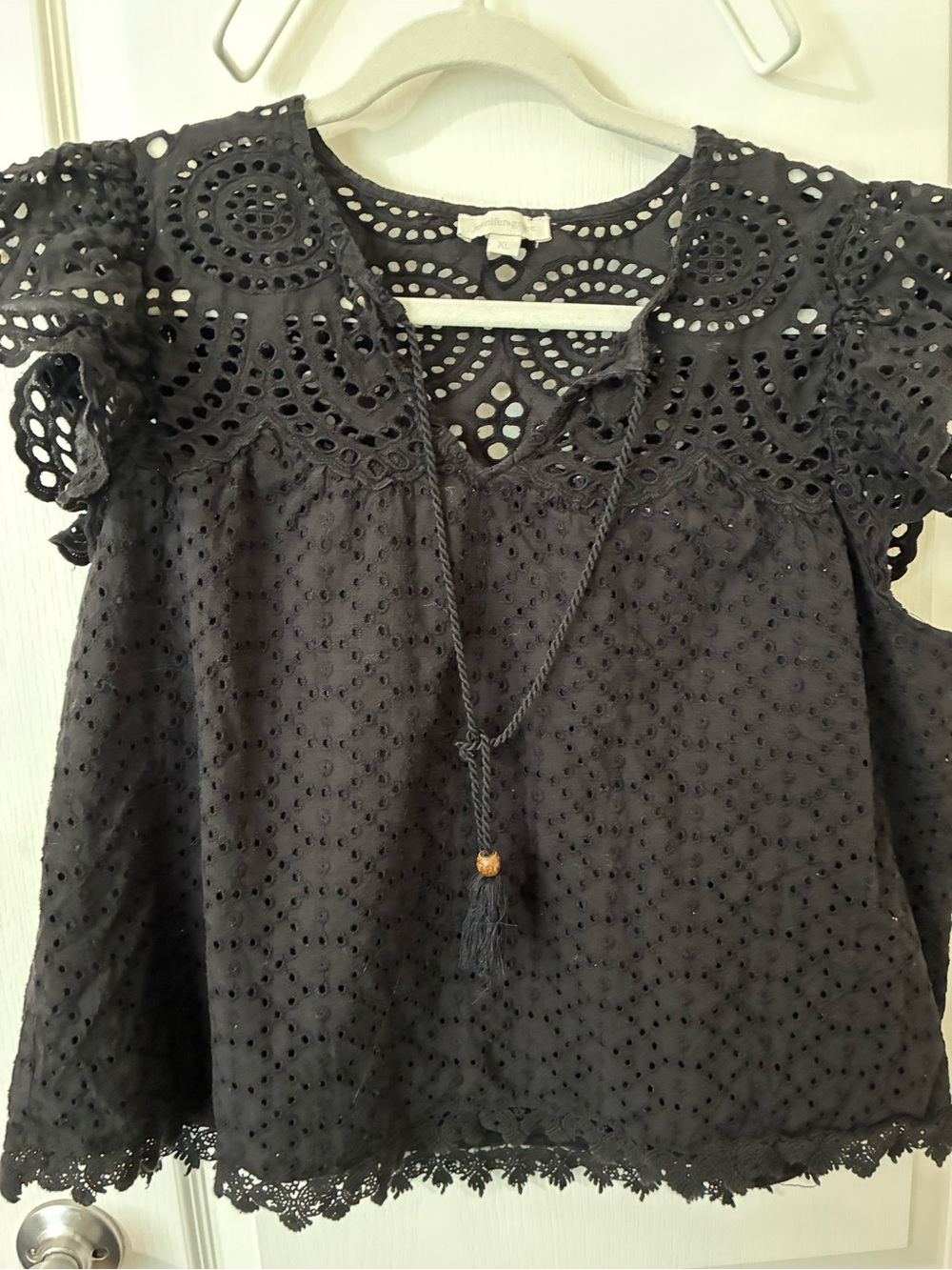 Jennifer Grace Eyelet Crochet Peasant Top - Black